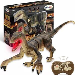 RC Dinosaur Toy 18-Inch Velociraptor Lights Up, Roars, Walks Forward, Back, Left
